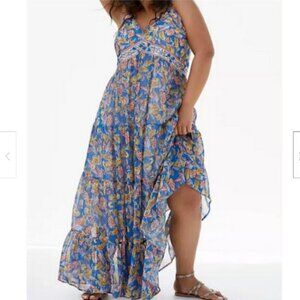 Anthropologie Verb Vineyard Womens Blue Sequin Floral Tiered Maxi Dress Size 14